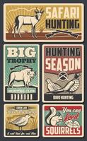 esporte de caça. pássaros, veados e touros, esquilo vetor