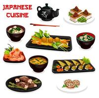 pratos japoneses com sushi asiático e sopas