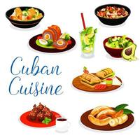 pratos de carne cubana com sobremesa e bebidas vetor