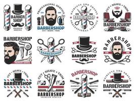 ícones de barbearia, barbear de barba e salão de corte de cabelo vetor