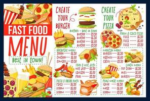 menu de fast-food com ingredientes de hambúrguer e pizza vetor