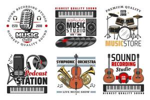 estúdio de gravação de som, ícones de música e rádio vetor