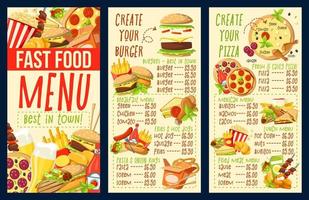 refeições combinadas de fast food, hambúrgueres e menu de pizza vetor
