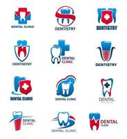 clínica odontológica, ícones de dente e dentista vetor