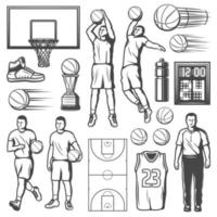 jogadores e equipamentos de jogos de basquete, vetor