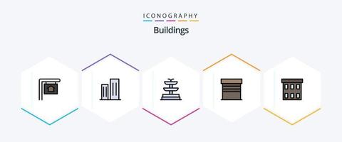 edifícios 25 pacote de ícones de linha preenchida, incluindo corporação. edifícios. fonte. construção. garagem vetor