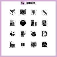 conjunto moderno de 16 glifos e símbolos sólidos, como elementos de design de vetores editáveis de suporte de cidade de construção imobiliária
