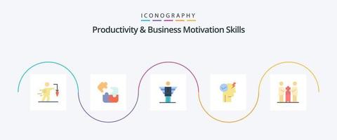 habilidades de produtividade e motivação de negócios flat 5 icon pack incluindo poder. cérebro. quebra-cabeça. investidor. carreira vetor