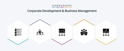 desenvolvimento corporativo e gerenciamento de negócios pacote de ícones de 25 glifos, incluindo gráfico. seta. o negócio. equipe. cara vetor