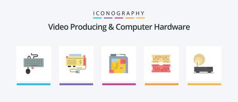 produção de vídeo e pacote de ícones flat 5 de hardware de computador, incluindo dimm. componente. potência. cartões. caso. design de ícones criativos vetor