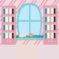 o interior da sala é em tons de rosa com uma grande janela, um peitoril para leitura, armários cheios de livros, um livro aberto e uma caneca de bebida quente vetor