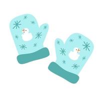 luvas de malha quentes com um boneco de neve bordado e flocos de neve de uma delicada cor azul-menta vetor