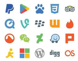 Pacote de 20 ícones de mídia social, incluindo plurk deviantart vine messenger grooveshark vetor