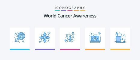pacote de ícones azul 5 de conscientização mundial sobre o câncer, incluindo vidro. suco de maçã. borboleta. médico. kit. design de ícones criativos vetor