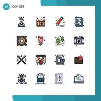 pacote de interface do usuário de 16 linhas básicas cheias de cores planas de dispositivos de pincel de música de flores prancheta elementos de design de vetores criativos editáveis