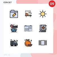 conjunto moderno de pictograma de 9 cores planas de linha preenchida do logotipo do calendário do evento site do mundo elementos de design vetorial editável vetor