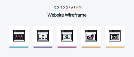 a linha de wireframe do site preencheu o pacote de 5 ícones, incluindo o aplicativo. seo. página da web. atuação. local na rede Internet. design de ícones criativos vetor
