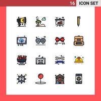 pacote de interface do usuário de 16 linhas básicas preenchidas com cores planas de upload gráfico de computador nuvem lápis elementos de design de vetores criativos editáveis