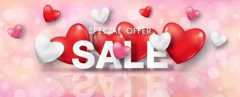 ofertas especiais do dia dos namorados com redação de venda e cervos em fundo rosa bokeh. cartão de dia dos namorados em design vetorial de banner. vetor
