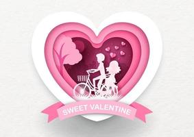 closeup silhueta rosa do amante andar de bicicleta em um coração gigante com redação doce dos namorados no banner de fita rosa e fundo branco. cartão de dia dos namorados em estilo de corte de papel e design vetorial.