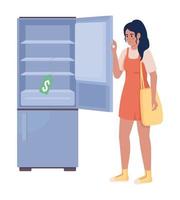 escolhendo a ilustração isolada do vetor 2d da geladeira. comprar eletrodoméstico. personagens planas femininas em fundo de desenho animado. cena editável colorida para celular, site, apresentação