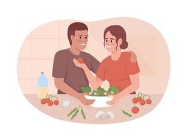 casal alegre cozinhando juntos ilustração isolada em vetor 2d. momento feliz em personagens planos de relacionamento em fundo de desenho animado. cena editável colorida para celular, site, apresentação