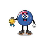 ilustração dos desenhos animados da bandeira da nova zelândia com medalha de satisfação garantida vetor