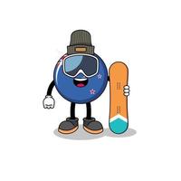 desenho de mascote do jogador de snowboard da bandeira da nova zelândia vetor