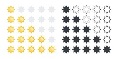 conjunto de ícones de estrelas de classificação. classificação do produto ou avaliação do cliente com estrelas douradas e estrelas negras. ícones vetoriais vetor