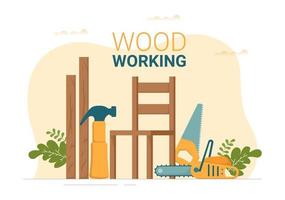 carpintaria com corte de madeira pelo artesão moderno e trabalhador usando ferramentas definidas na ilustração plana do modelo desenhado à mão dos desenhos animados vetor