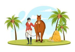 treinador de cavalos esportivos equestres com treinamento, aulas de equitação e cavalos de corrida em ilustração de modelo desenhado à mão de desenho animado plano vetor