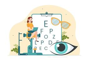 optometrista com oftalmologista verifica a visão do paciente, teste de visão óptica e tecnologia de óculos na ilustração de modelos desenhados à mão de desenhos animados planos vetor
