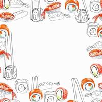 doodle de moldura estética de sushi e desenhos em aquarela para decoração, tecido, convites, menu vetor