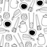 doodle sushi padrão sem costura contorno vetor desenhado à mão para decoração, capa de menu, têxteis, planos de fundo