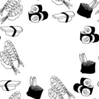 quadro de sushi doodle para menu de restaurante, guardanapos, têxteis, vetor de ilustração de fundo de decoração