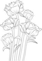 ramo de flores de peônia mão desenhada ilustração vetorial elementos de design vintage buquê coleção natural floral página para colorir e livro para adultos e crianças isolar no fundo branco, arte de tinta. vetor