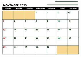 calendário a4 para agenda ou agenda novembro 2023 vetor