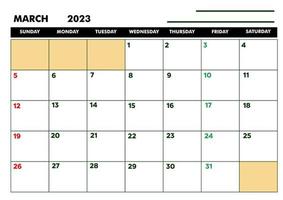 calendário a4 para agenda ou diário março 2023 vetor