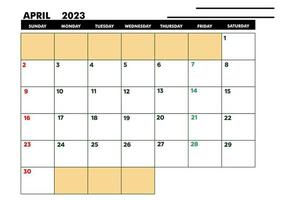 calendário a4 para agenda ou agenda abril 2023 vetor