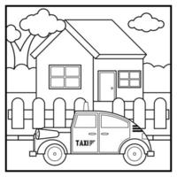 página para colorir de táxi na frente de casa vetor