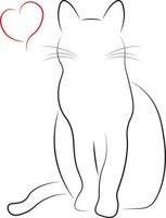 contorno desenhado gato preto em estilo minimalista com ilustração vetorial de coração vermelho vetor