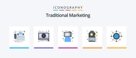 pacote de ícones de 5 planos de marketing tradicional, incluindo inicialização. global. clique. marcação. código de barras. design de ícones criativos vetor