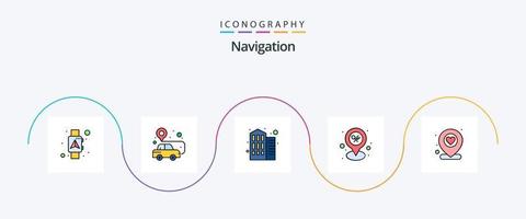 linha de navegação preenchida com 5 ícones planos, incluindo favoritos. mapa. alfinete. restaurante. escritório vetor