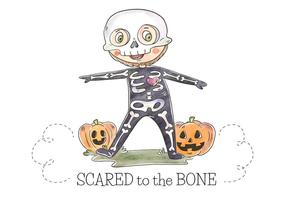 Cute Kid With Skeleton Costume and Pumpkin Vector
