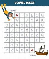 jogo educacional para crianças labirinto de vogais ajuda o mergulhador bonito dos desenhos animados a se mover para o navio naufragado planilha subaquática imprimível vetor