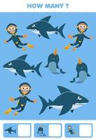 jogo de educação para crianças procurando e contando quantas fotos de desenho animado bonito mergulhador tubarão narval planilha subaquática imprimível vetor