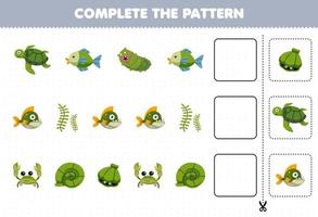 jogo de educação para crianças cortar e completar o padrão de cada linha de um desenho bonito tartaruga peixe pepino do mar piranha algas marinhas concha de caranguejo planilha vetor