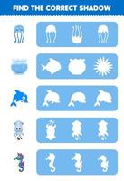 jogo de educação para crianças encontre a silhueta de sombra correta de água-viva bonito dos desenhos animados tigela de peixe golfinho lula cavalo-marinho imprimível planilha subaquática vetor