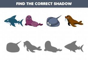 jogo de educação para crianças encontre o conjunto de sombras correto de lindo desenho animado tubarão selo arraia morsa imprimível planilha subaquática vetor