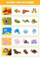 jogo educativo para crianças, adivinhe as imagens corretas de desenho animado bonito, lagosta, pepino-do-mar, golfinho, tartaruga coral, planilha subaquática imprimível vetor